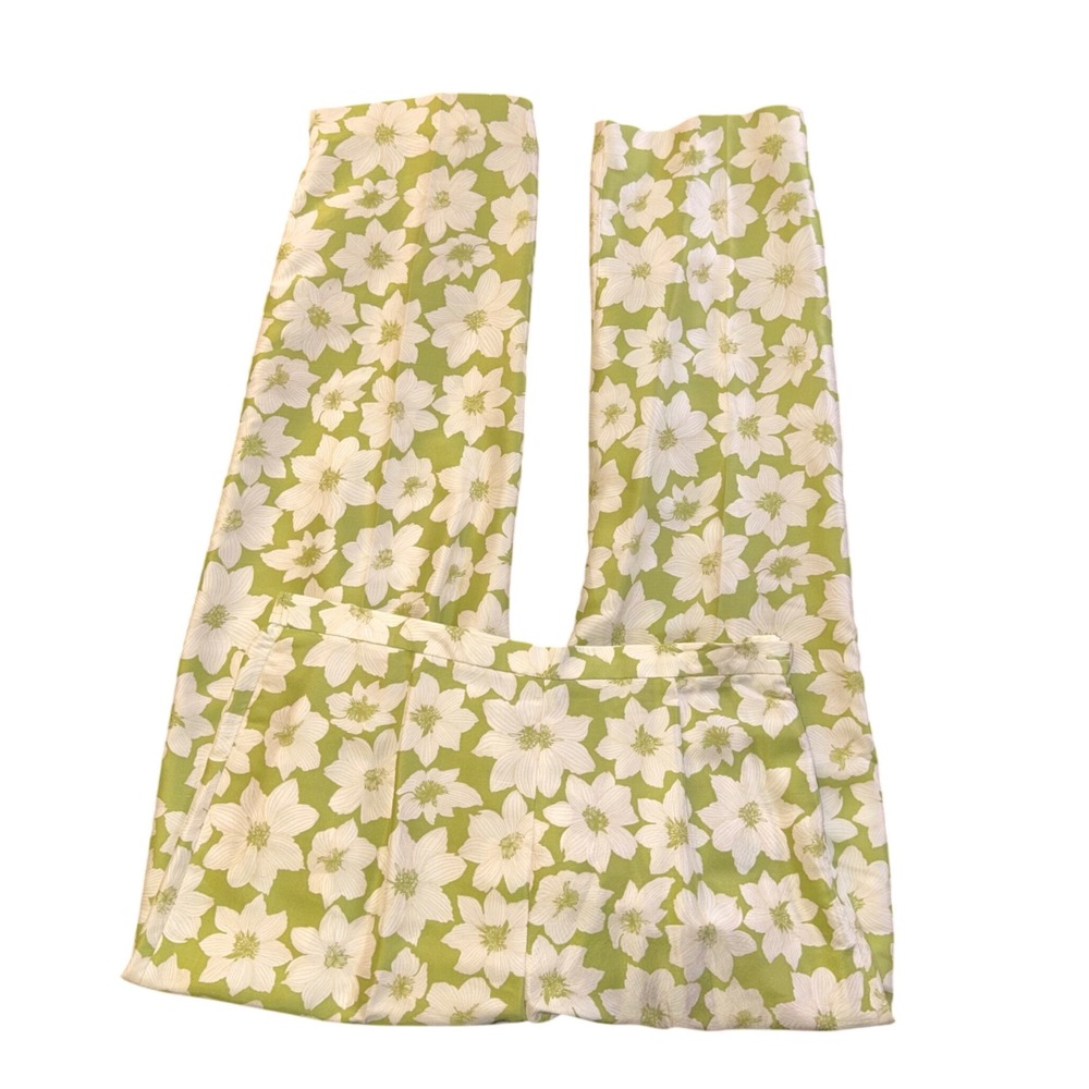 Judith Hart Collection Womens Green White Floral 100% Silk Straight Leg Pants 12